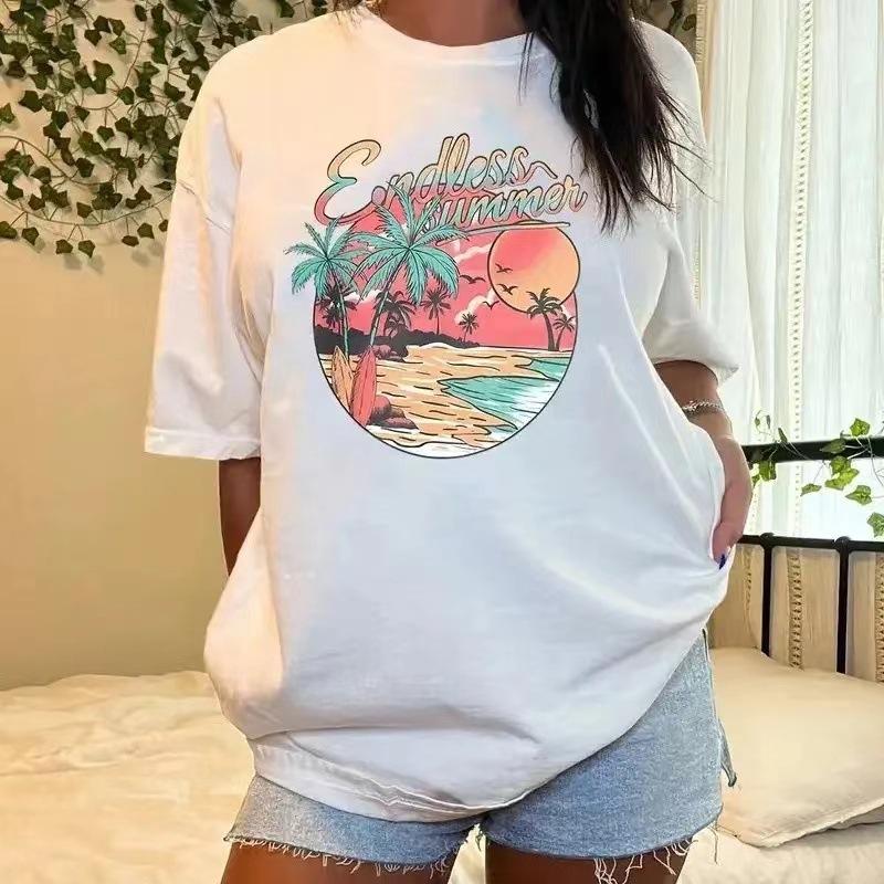 

European and American spot printed crew neck T-shirt spring and summer casual short-sleeved crew neck top short-sleeved women s T-shirt 5XL білий