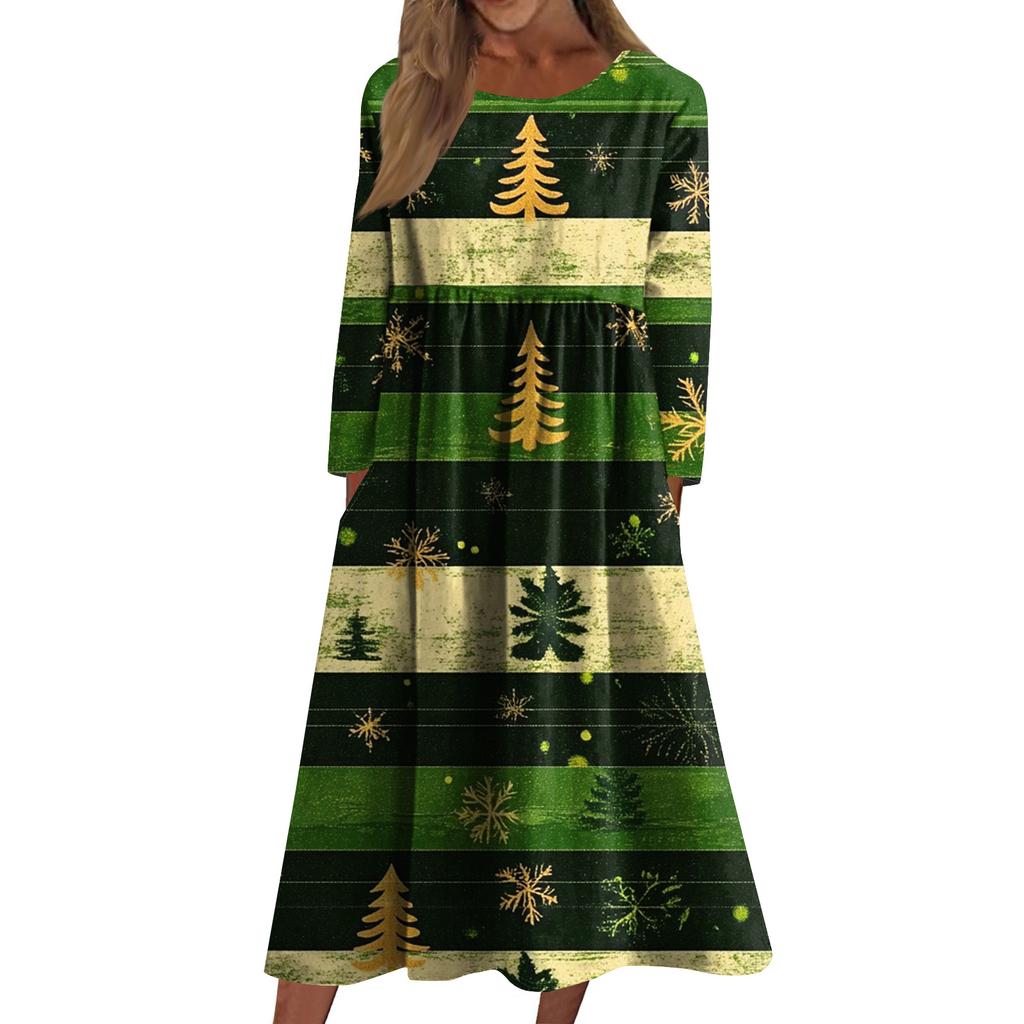 Women's Casual Crew-neck Christmas Print Mid-length Dress Long-sleeved Dress With Pocket