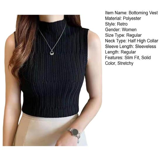 Women Bottoming Vest Solid Color Tops Collar Sleeveless Knitting Half High Slim Fit Tank Tops