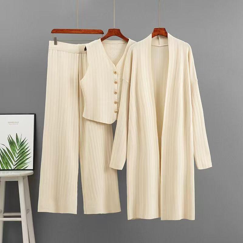 2025 New Arrival: Cross-Border Knitted Three-Piece Set - Sleeveless Vest, Wide-Leg Pants, and Cardigan. One Size