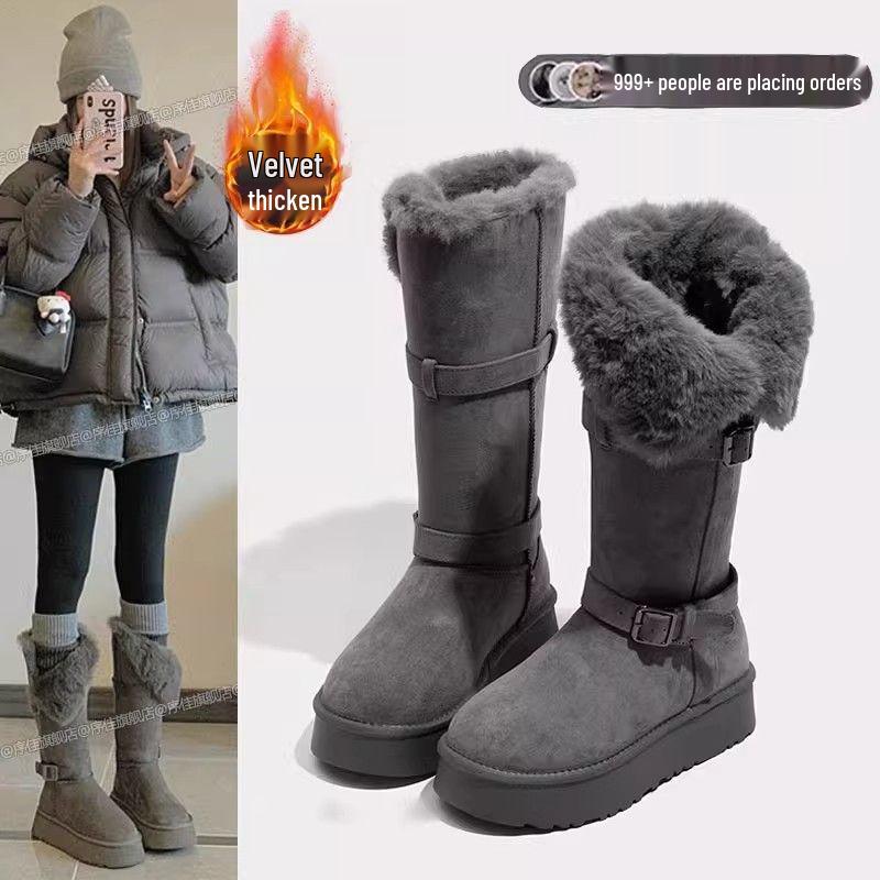 Women's Mid-Calf Gray High-Top Snow Boots 2025 - Thick-Soled, Velvet-Lined Winter Footwear