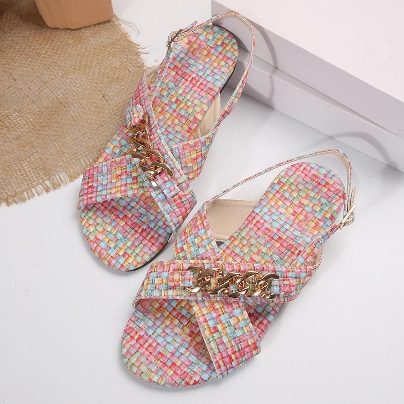 Fashion Large Size Sandals Summer New Style Round Head Open Toe Metal Chain Soft Sole Anti-slip Wear-resistant Flat Shoes