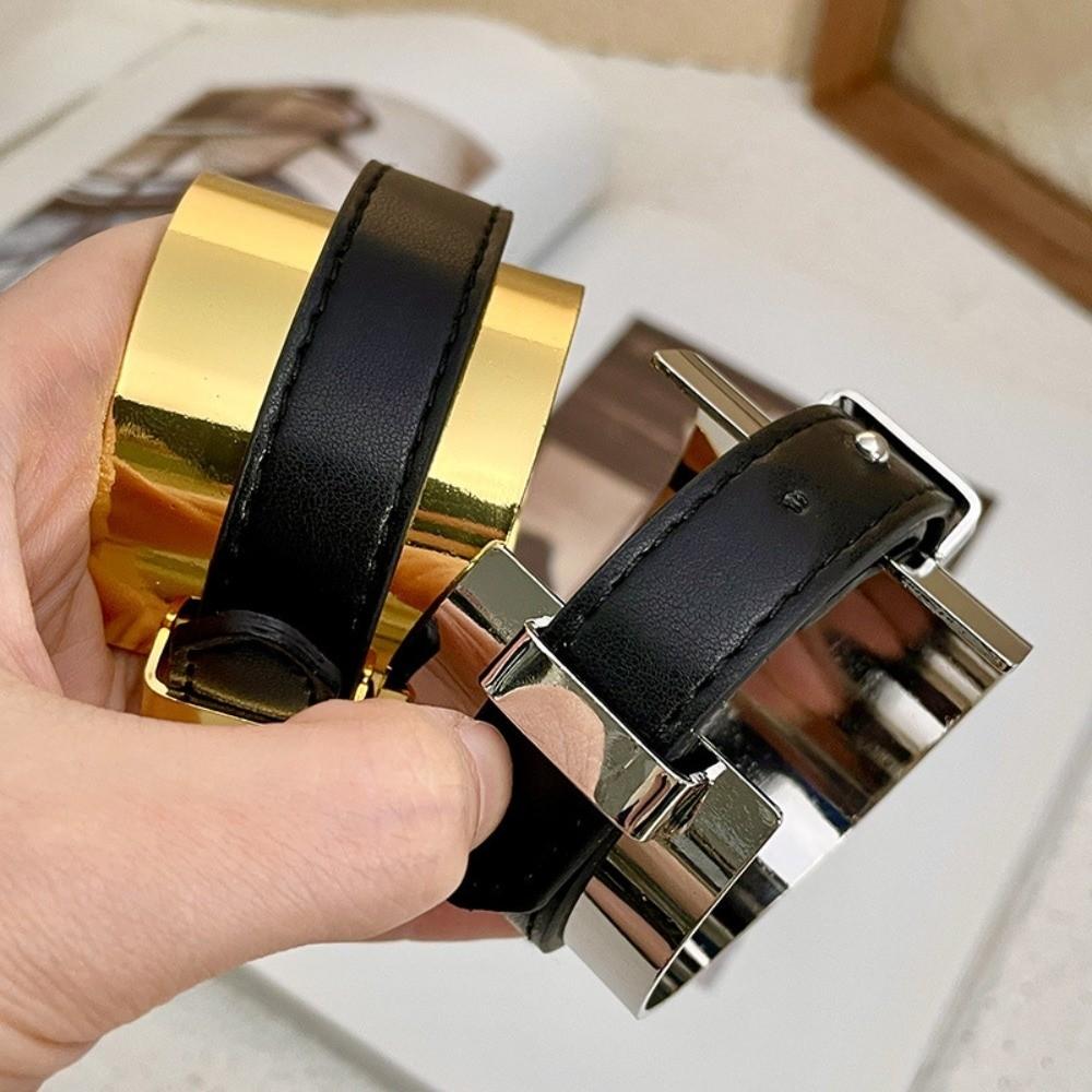 Golden Exaggerated Metal Bangle Armlet Women Open Bangle Belt Buckle Leather Bracelet Party