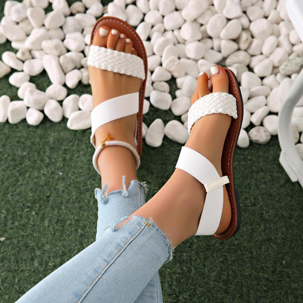 Fashion Summer Ladies Outdoor Sandals Fashion Round Headed Solid Color Weave Flat Shoes Casual Comfortable Women's Sandal
