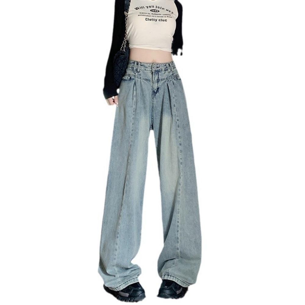 Trendy Street Drape Jeans Women's Spring and Autumn Design Sense High Waist Straight Mopping Wide Leg Jeans Tide