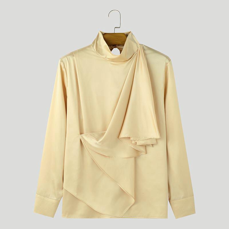 

INCERUN Чоловічі атласні сорочки з нестандартними воланами з довгим рукавом у стилі Mockneck 2XL бежевий