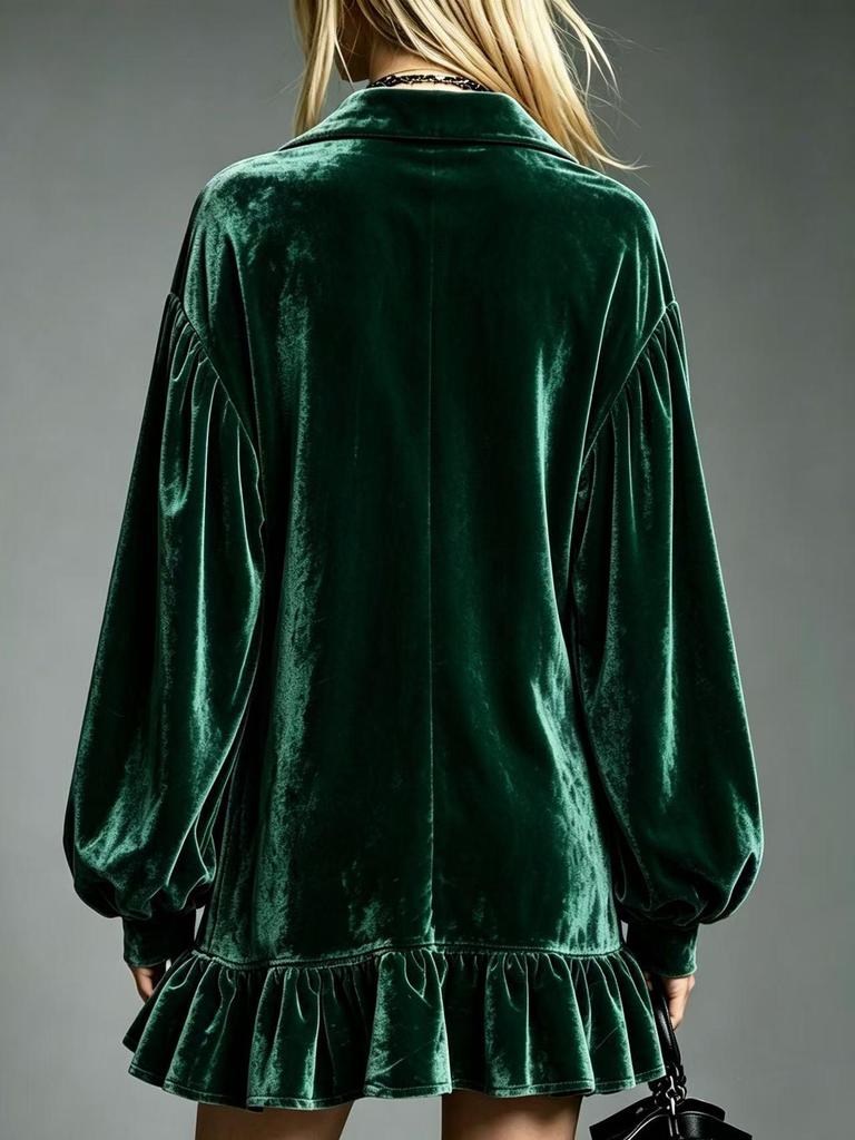 Elegant Velvet Ruffle Lapel Shirt Dress with Lantern Sleeves for Women