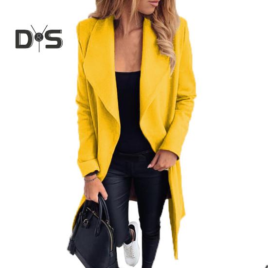 

Зимнее женское пальто кардиган со шнуровкой на поясе, длинные рукава, однотонный отложной воротник, свободная, средней длины, теплая куртка для шопинга и поездок на работу L жёлтый