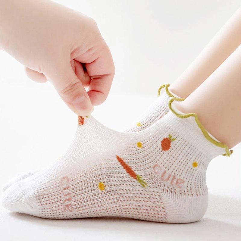 5 Pairs Girl Summer Mesh Socks Sweet Ruffled Print Cotton Breathable Short Socks For Toddlers Kids