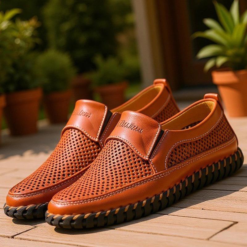 Men's Breathable Mesh Summer Sandals - Size 50, Soft Sole Slip-on Leather Shoes for Dad