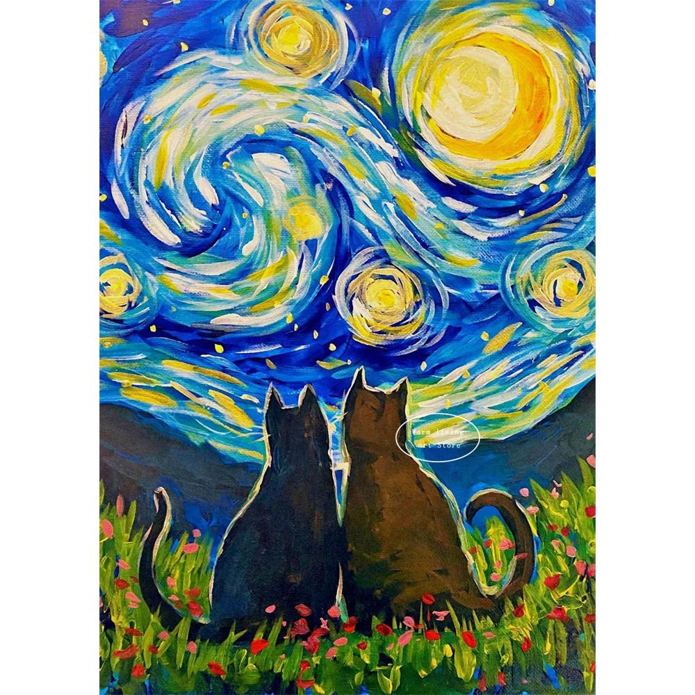 5D Diy Diamond Painting Cross Stitch Embroidery Mosaic Funny Black Cat Flower Van Gogh The Starry Night Full Round Drill Home Decor Wall Art Gift