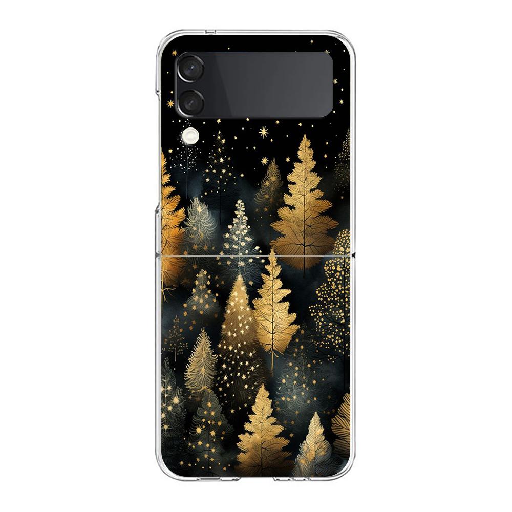 Gold Foil Art Hard PC Phone Case For Samsung Galaxy Z Flip 5 4 3 Transparent Cover For Galaxy Z Flip 6 Foldable Shockproof Cases