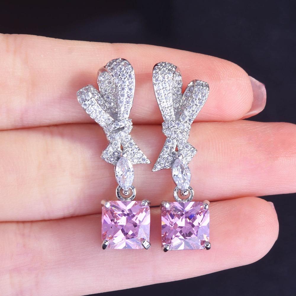 Yellow Diamond Radiant Cut Stud Earrings Sparkling Pink Ice Cut Full Diamond Bow Dangle Earrings