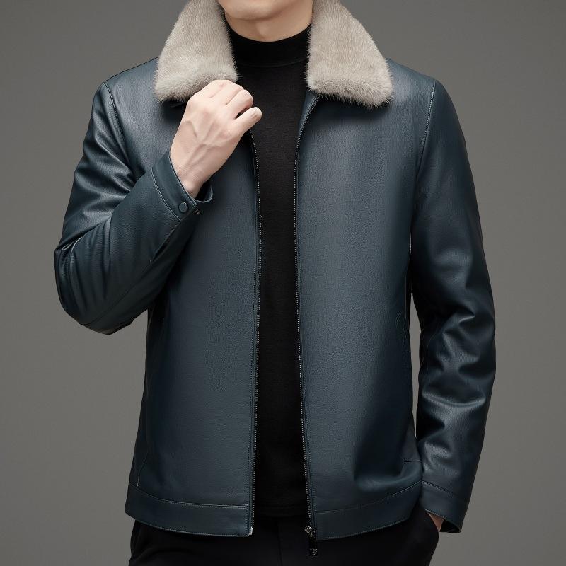 

Кожаная куртка с воротником из натурального меха, пуховик из натуральной кожи, мужская одежда для пап среднего и пожилого возраста, утолщенная короткая куртка в деловом стиле 190