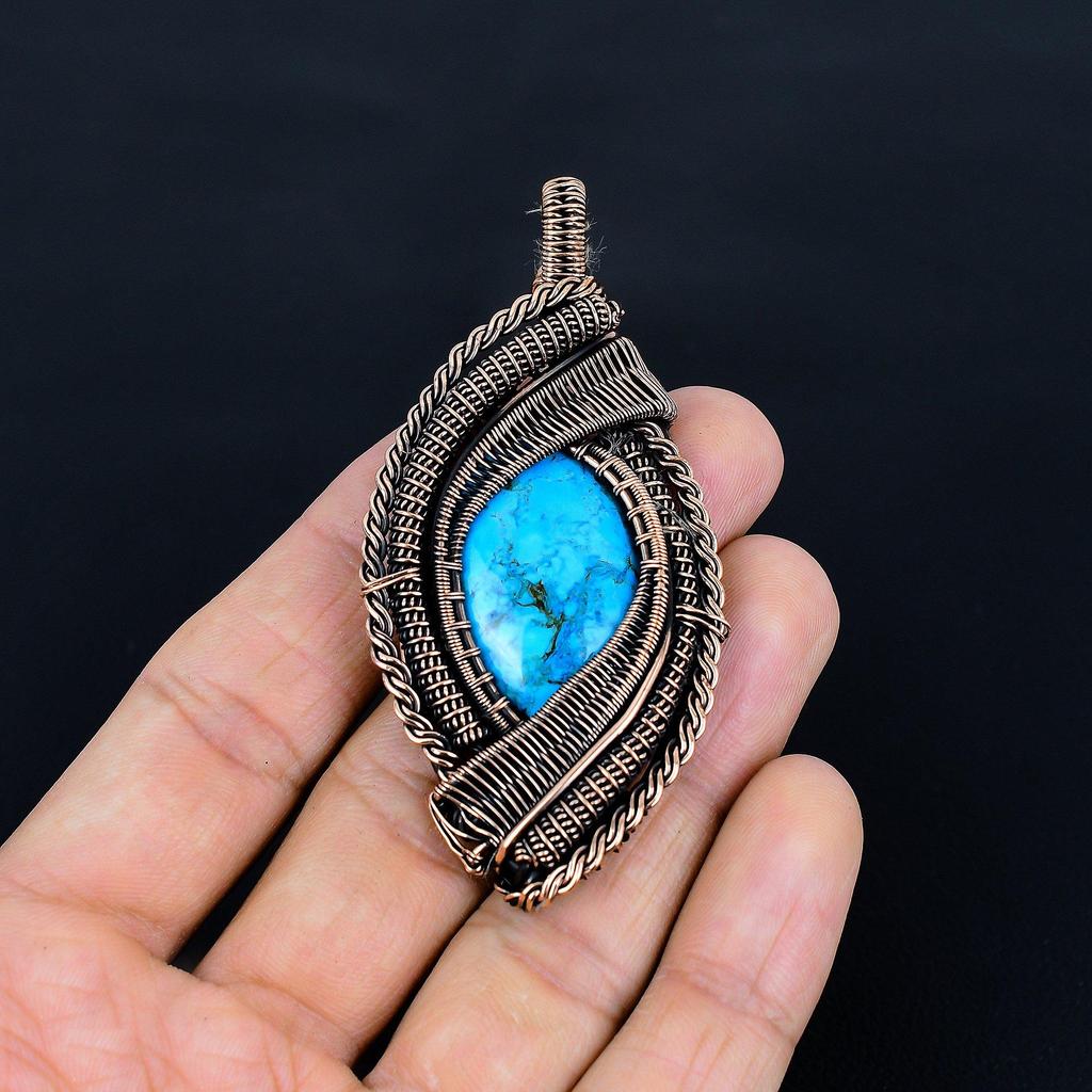 Tibetan Turquoise Pendant, 999 Copper Wire Wrapped Gemstone Jewelry, Handmade Pendant, For Thanksgiving