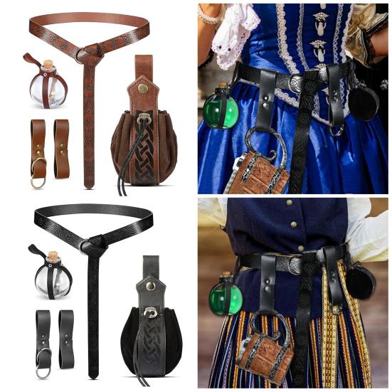 Renaissance Belt with Potion Bottles Adjustable Faux Leather Waist Bag Halloween Viking Costume Accessory