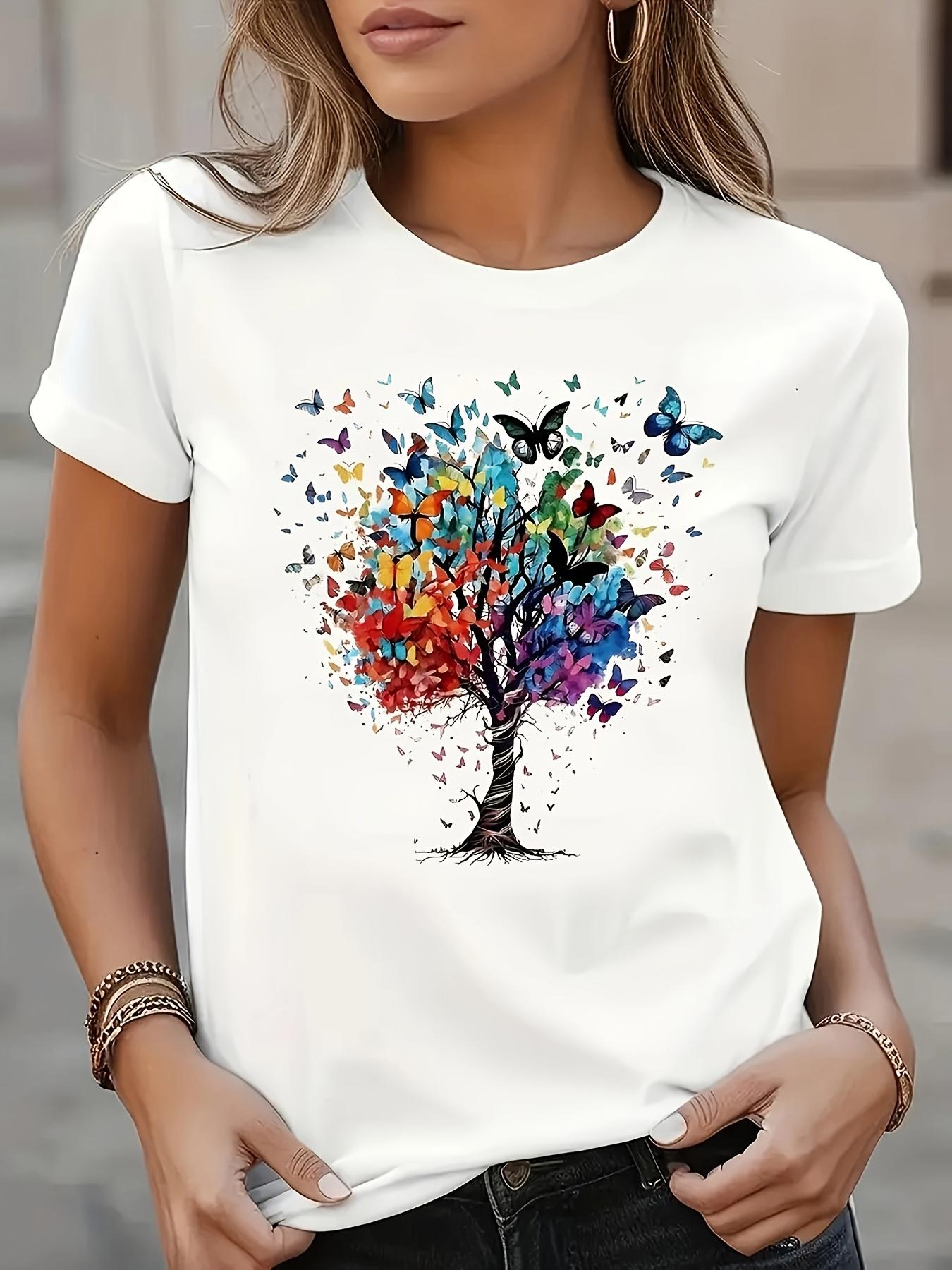 Женская повседневная футболка европейского размера с принтом  Бабочки и Дерево  - Яркий дизайн с цветовыми блоками, Круглый вырез, Обычный крой, Можно стирать в машине, Универсальная футболка на все сезоны S белый