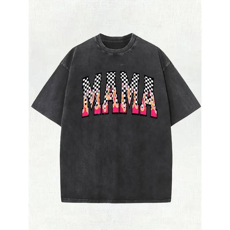 Mama Graphic Retro Racing Flame Checkered Tee Women Streetwear Casual Unisex T-Shirt L