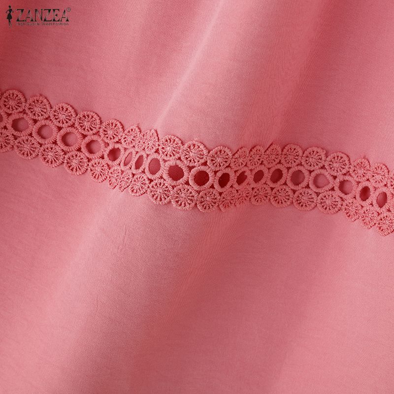 ZANZEA Women Casual Lace Embroidery Patchwork Short Sleeve Crochet Blouse Tops