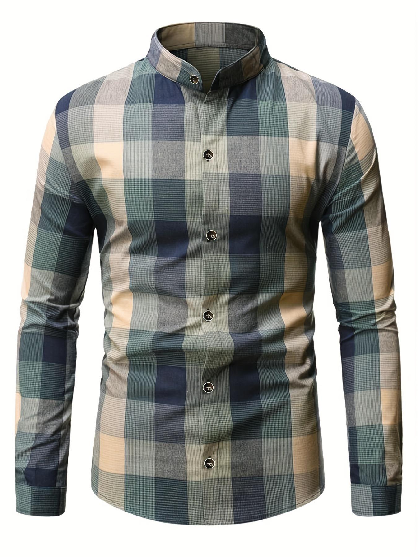 

Повседневная клетчатая мужская рубашка с воротником-стойкой и длинными рукавами - Модная верхняя одежда для деловых поездок на работу на все сезоны Extra Large