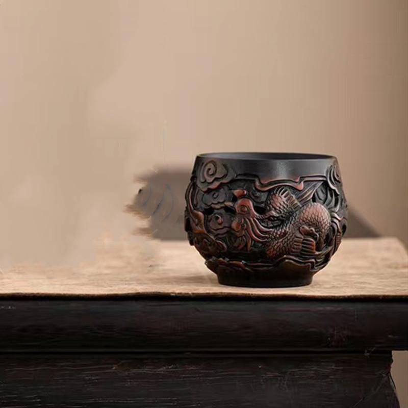 90ml Purple pottery vintage tea cup hand-carved ceramic master cup Traditional dragon phoenix single cup custom tea accessories