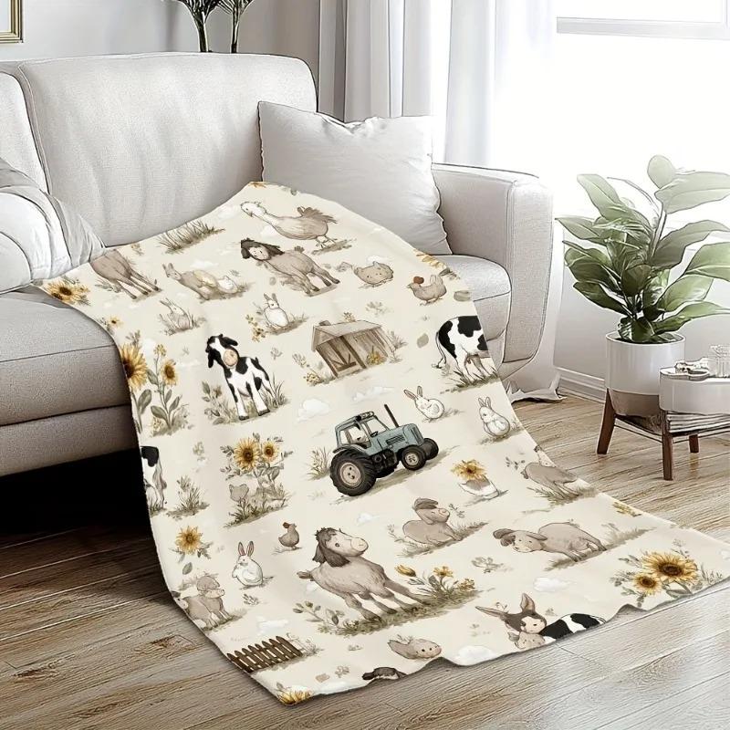 Vintage Farm Animal & Tractor Pattern Flannel Blanket Soft Throw Blanket for Bed Sofa Couch Country Style Home Decor All Seasons 130cmx150cm