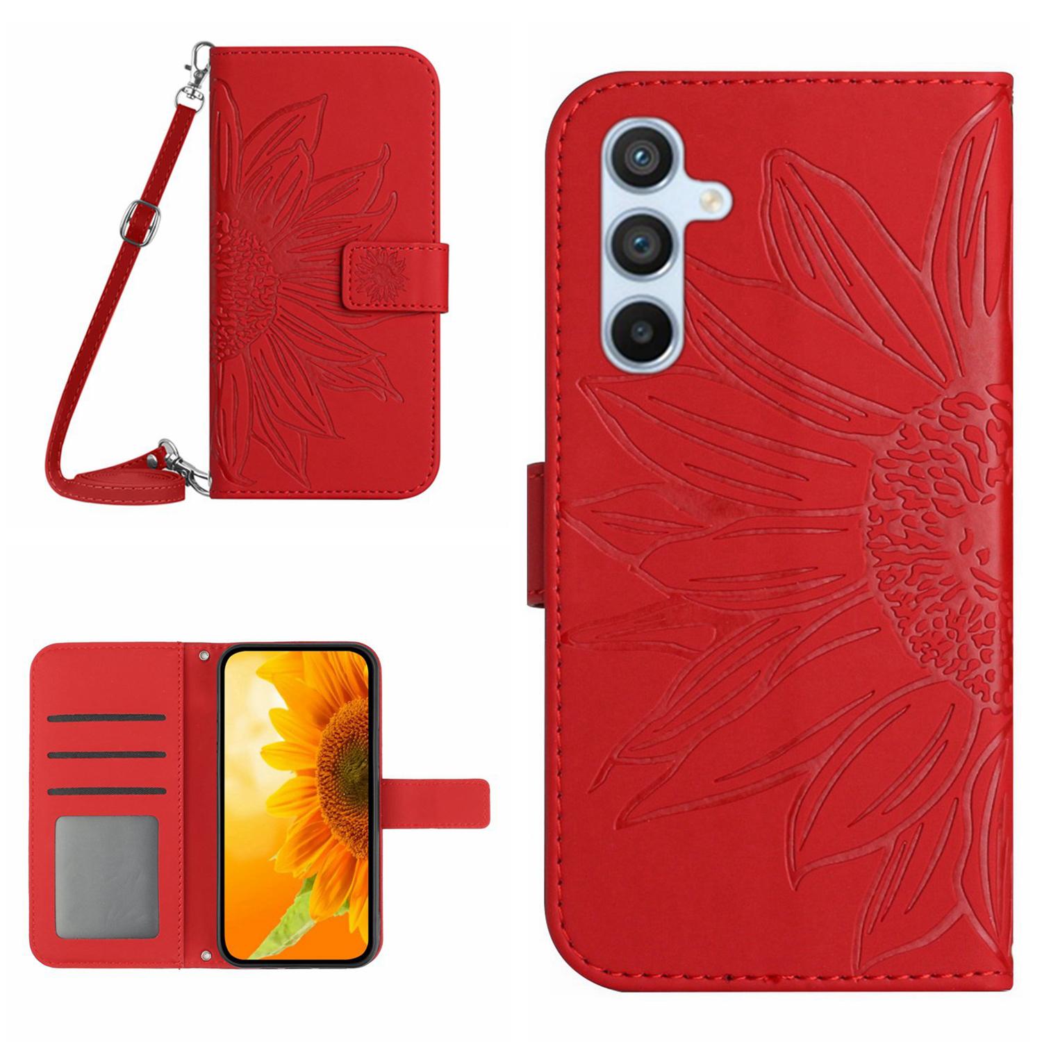 

HT04 For Samsung Galaxy A16 5G/A16 4G Case Sunflower Imprint PU Leather Phone Cover with Long Strap Red