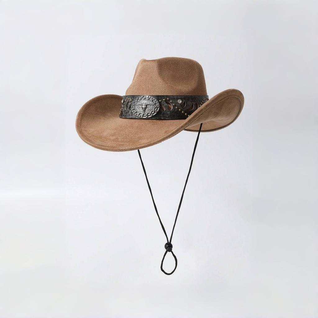 Western cowboy hat for men and women, faux suede, distressed with metal rivets, wide brim, outdoor riding sun protection hat