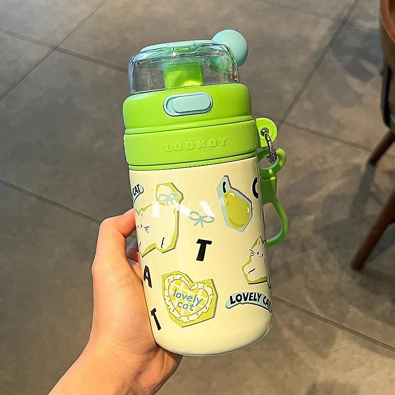 

316 Stainless Steel Thermos Cup, Household High Appearance Level Straw Cup, Students Creative Cute Cartoon Portable Water Bottle 480ml зелёный