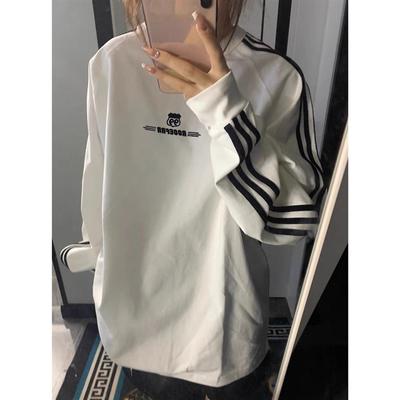 Gestreiftes besticktes Langarm-Sweatshirt für Damen im Herbst Koreanisch Neues Paar Locker Mittellang Sportlich und Lässig Oberteil