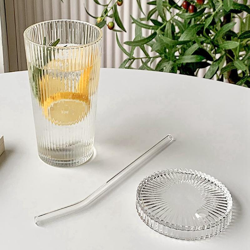 Vertical Stripe Glass Cup Transparent Glasses With Lid and Straw Ribbed Mugs For Latte Juice Glass Milk Water Cup Ice Coffee Mug