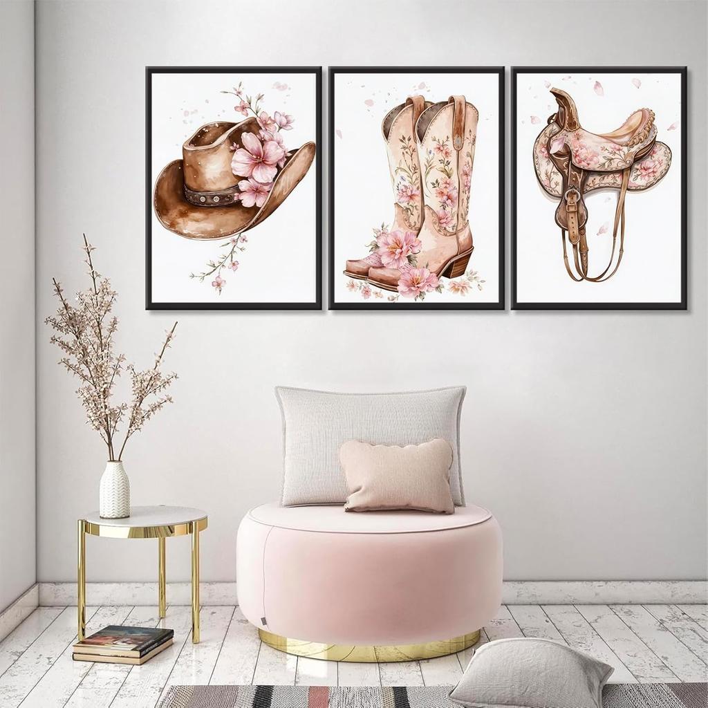 Tertiosh 3Pcs Western Cowgirl Wall Art Retro Western Flower Boots Hats Wall Decoration Pictures Girls Room Paintings Artwork Preppy Prints for Living