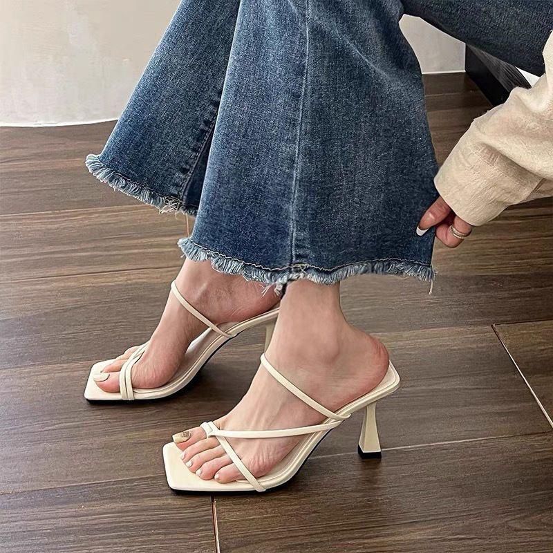 Pinched Narrow-band Sandals, Open-toed Ankle Buckle, Square-toe High Heels