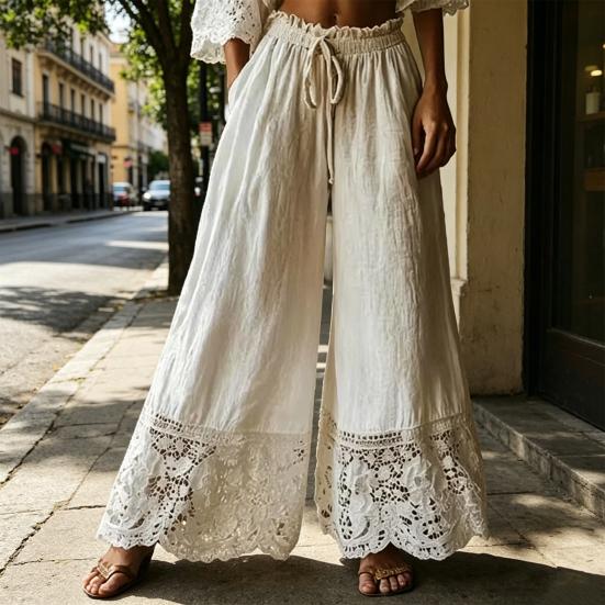 Women Pants Drawstring Adjustable Waistband High Waist Summer Pants Pure Color Loose Fit
