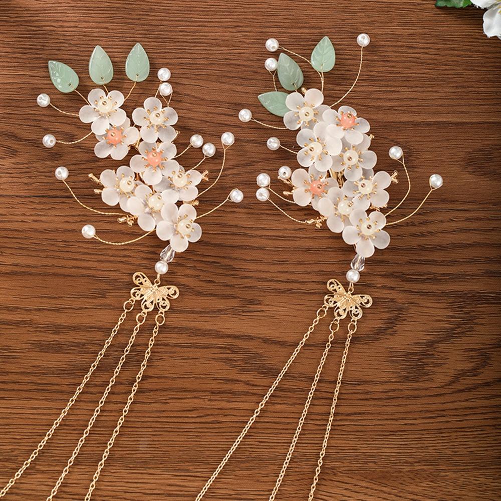 Elegant Vintage Flower Hanfu Ancient Handmade Headpieces Long Tassel Hairpins Hair Sticks