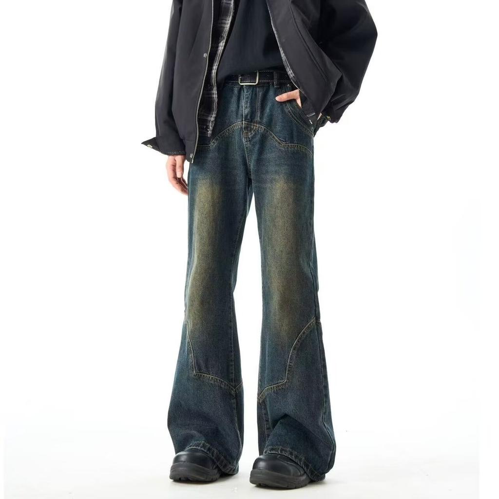 Jeans retrò americani taglia grande lavaggio vecchio chiusura diagonale bottoni pantaloni a zampa uomo e donna design di nicchia strascicanti