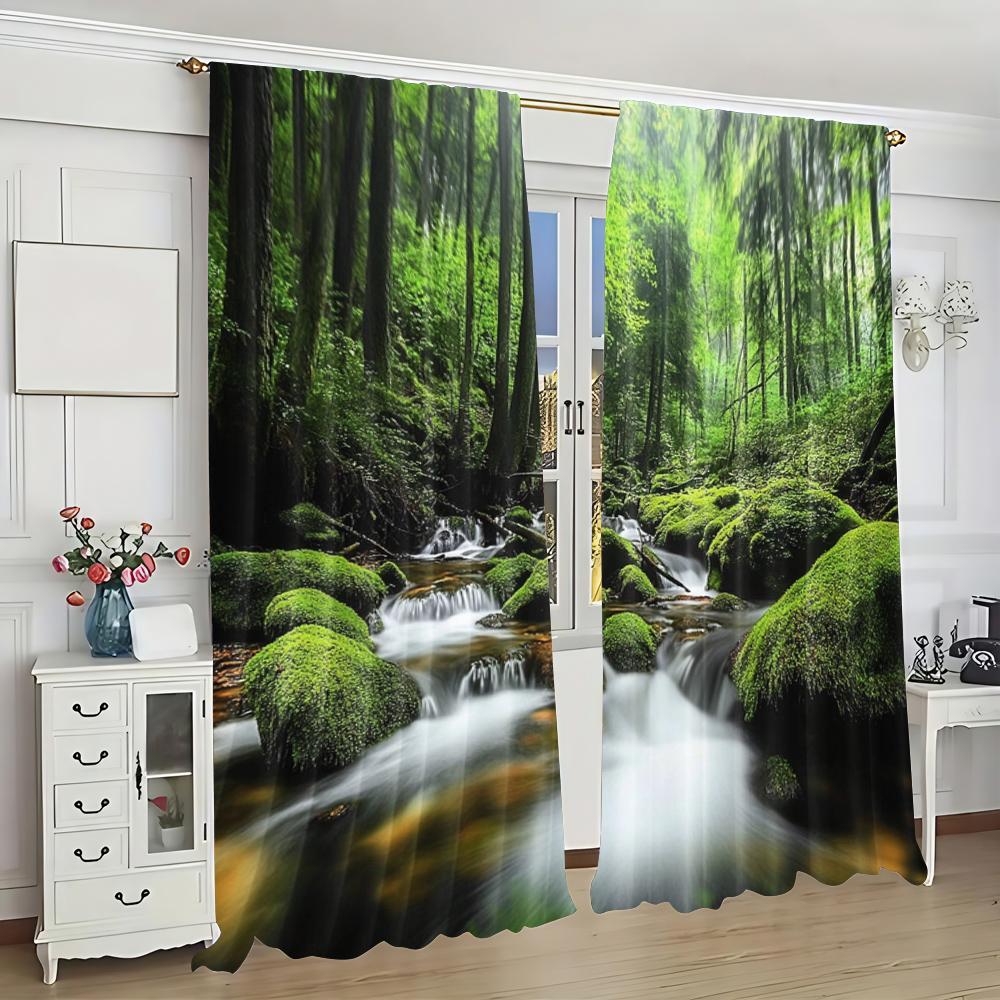 2Pcs Forest Curtains Spring Nature Landscape Theme In Tropical Forest Decorative Curtains For Bedroom Living Room A