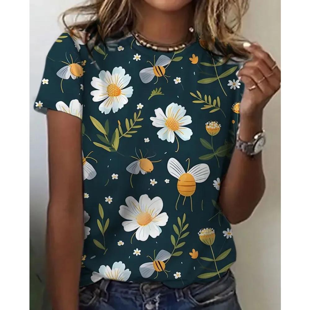 Comfortable Simple Women's Flower Printed Top Casual Breathable Short Sleeve Fashionable Versatile T-Shirts Women’s