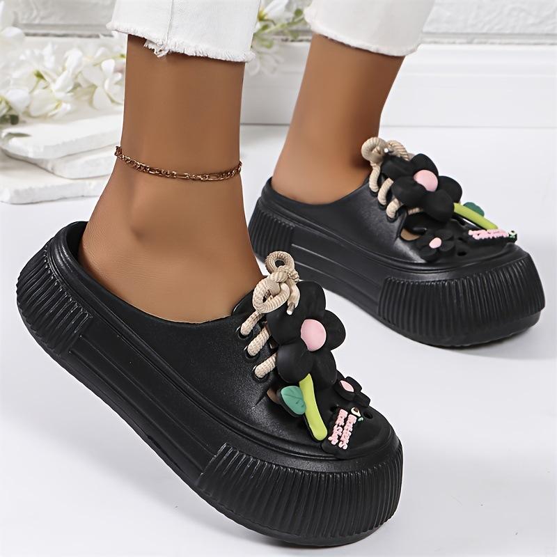 Fashion Women Platform Slippers DIY Flower Decoration Fashion Clogs Soft EVA Female Home Street Slides Close Toe Ladies Leisure Sandals