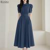 ZANZEA Women Casual Turn Down Collar Short Sleeve Elegant Long Dress