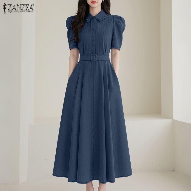 ZANZEA Women Casual Turn Down Collar Short Sleeve Elegant Long Dress