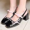 Fashion Sweet Bow Belt Buckle Women Sandals Fashion Round Toe Square Heel Mary Jane Shoes Simple Comfort Patent Leather Women Slide Shoe