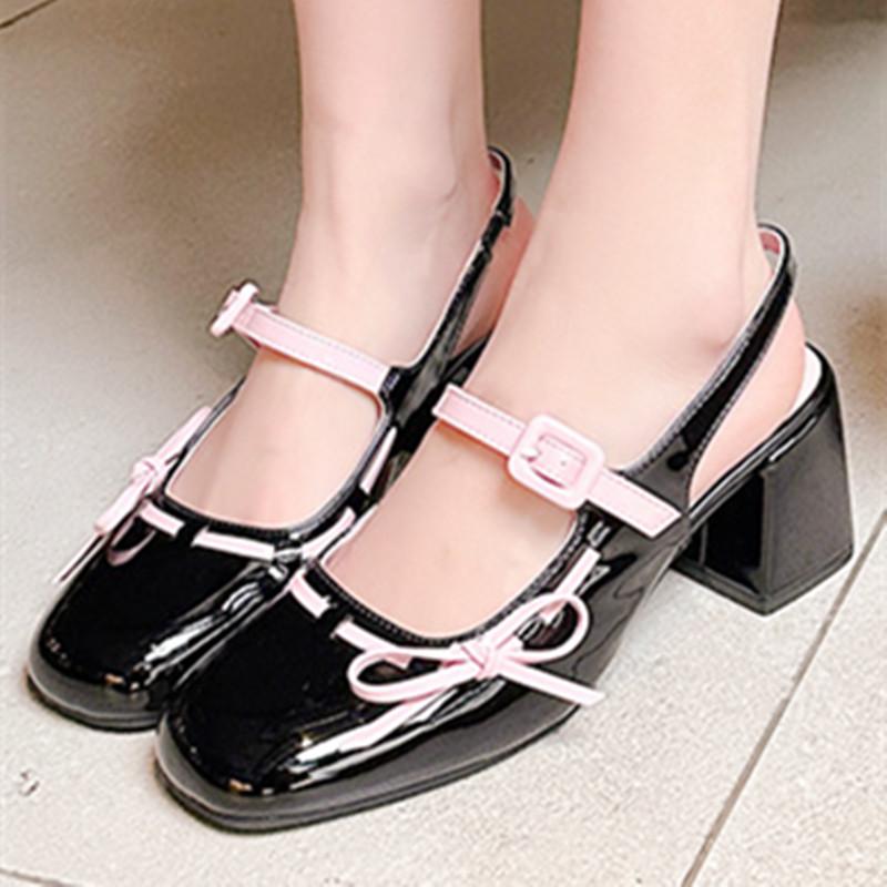 Fashion Sweet Bow Belt Buckle Women Sandals Fashion Round Toe Square Heel Mary Jane Shoes Simple Comfort Patent Leather Women Slide Shoe