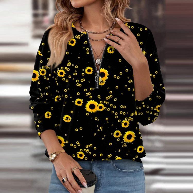 Women Casual Basic Quarter Zipper Pullover Sweatshirts Long Sleeve Print Flowers Top Fall Clothes