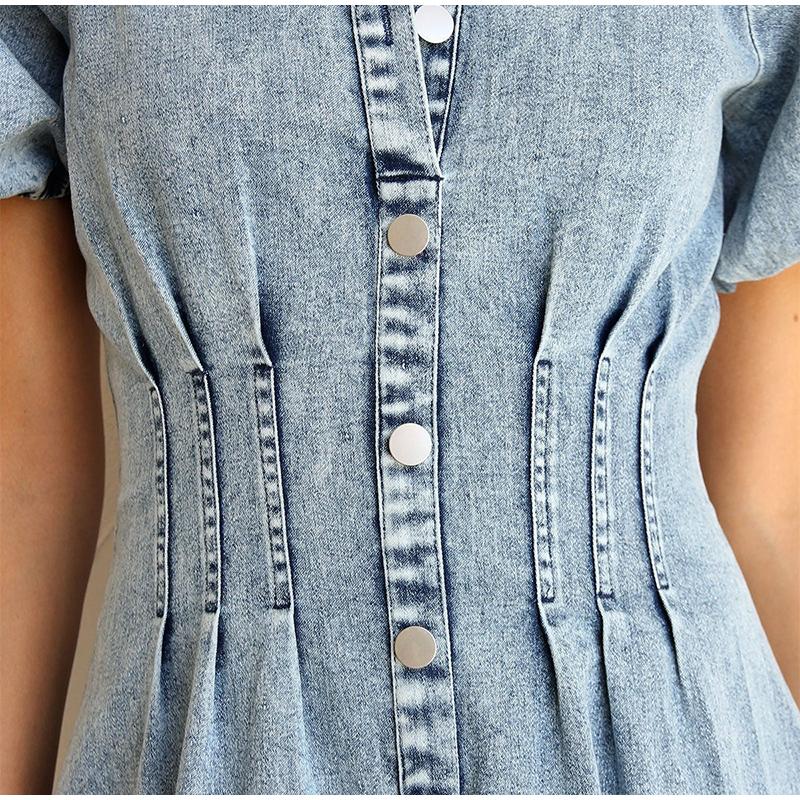 2025 Spring and Summer Puff Sleeve Short-sleeved Distressed Casual Style Shirt Denim Long Dress Single-breasted Waist Denim Long Skirt Retro