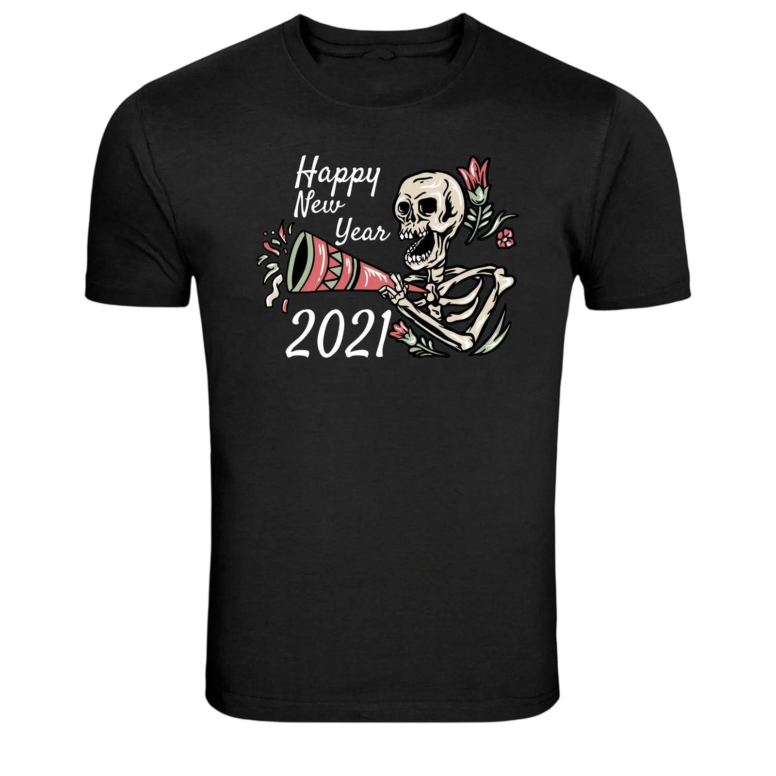 Happy New Year Skeleton Party Horn Vintage Skull Graphic T-Shirt M