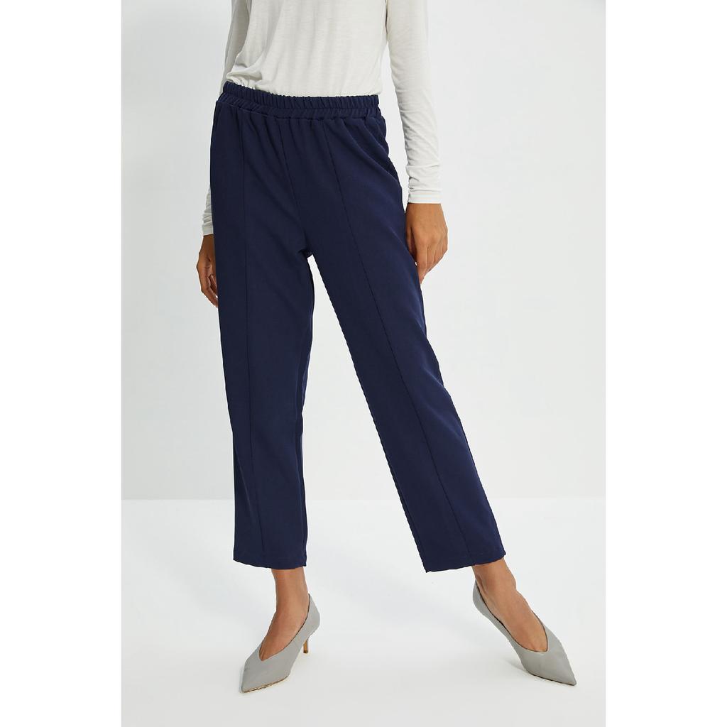 Black Elastic Waist Rib Detailed Straight Cut Woven Trousers Tctss21pl0570