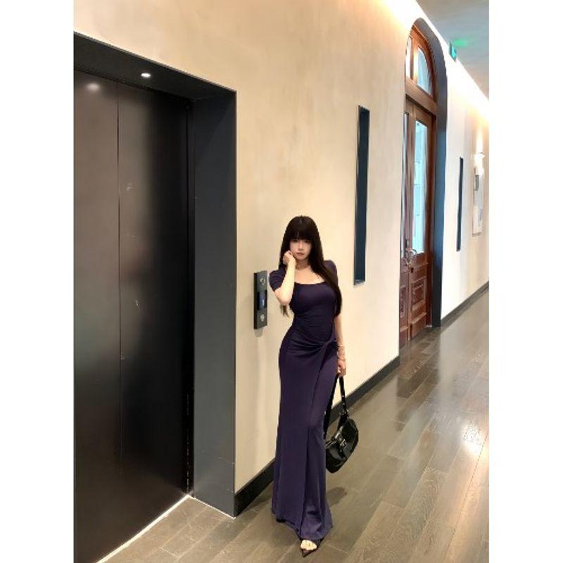 Kumikumi High-Grade Square Collar Knot Short sleeve Dress Women Summer Elegant All-Match Slimming Hip Skirt Long dress