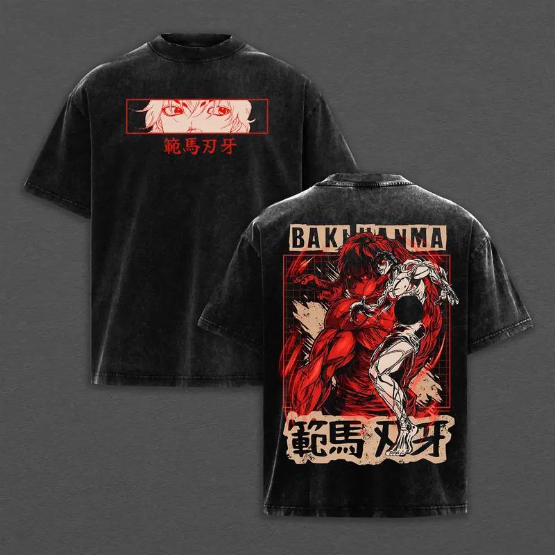 Ханма Баки Баки Одежда Мужская Женская Футболка с коротким рукавом Манга Винтажная стираная футболка Повседневная хлопковая футболка Харадзюку Мужская футболка XXL чёрный 1680₽