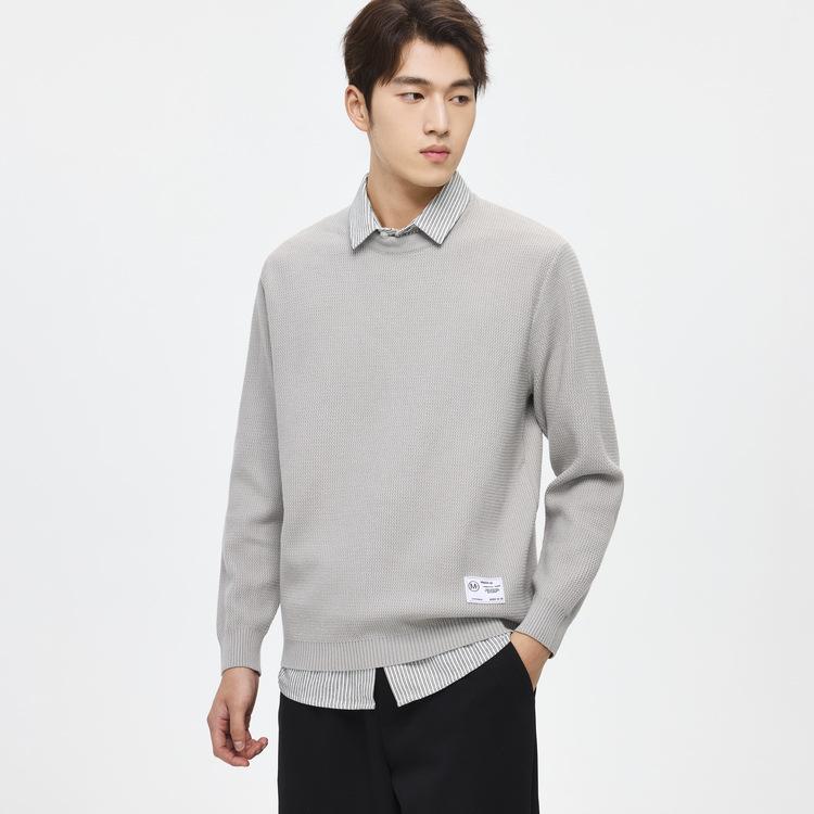 WOOG2005 Grey Faux Two-Piece Men s Thick Knit Sweater with Shirt Collar - 2025 Winter Collection M